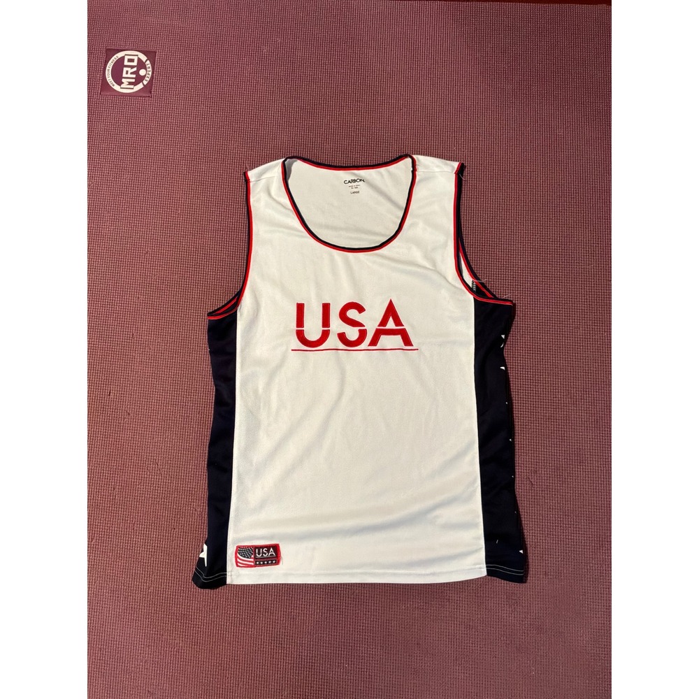 Carbon USA Patriotic Tank Top Mens Large White Navy Blue Stars Mesh Jersey